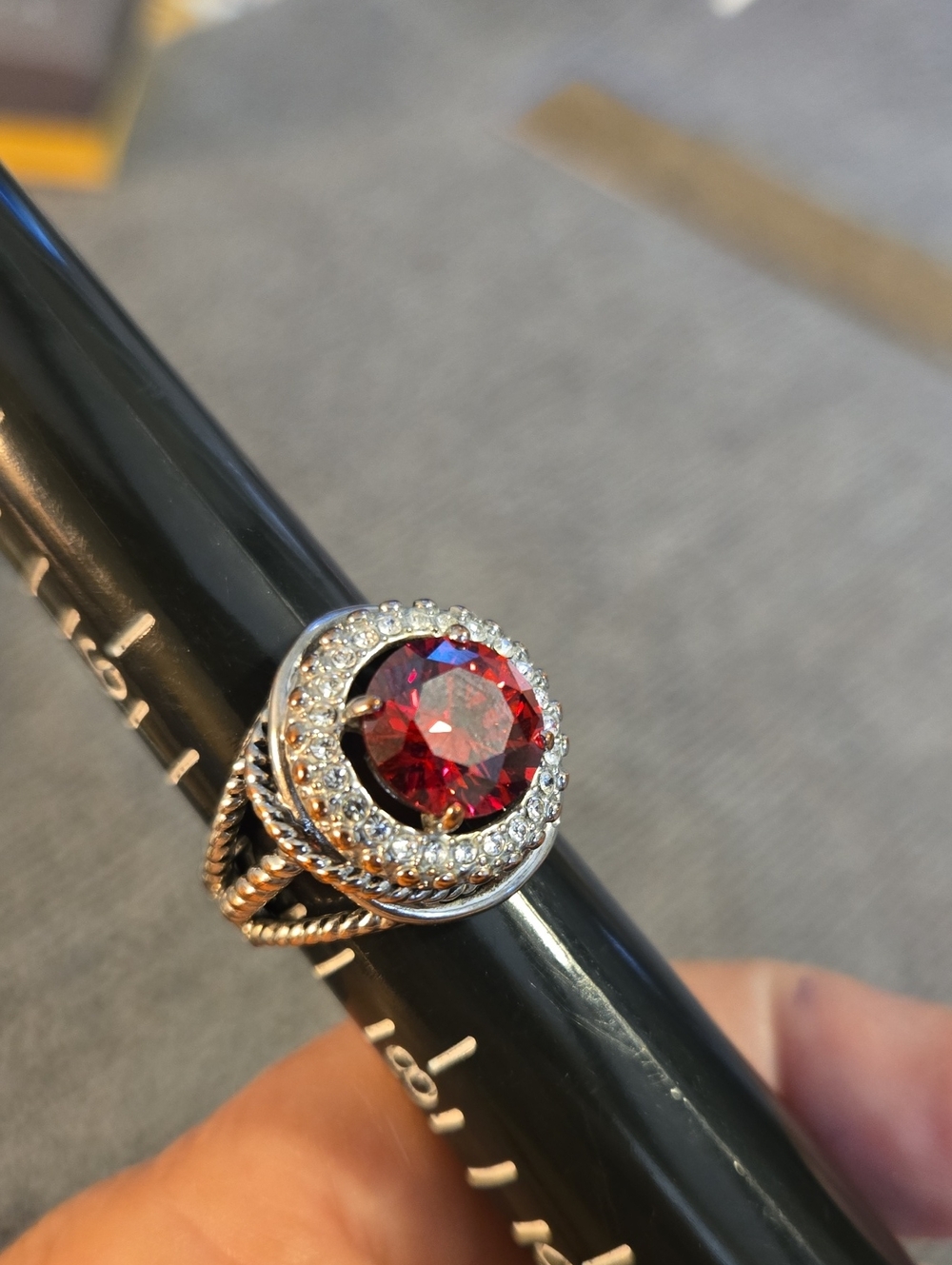 Silver Red Crystal Halo Ring - Elegant Women's Jewelry